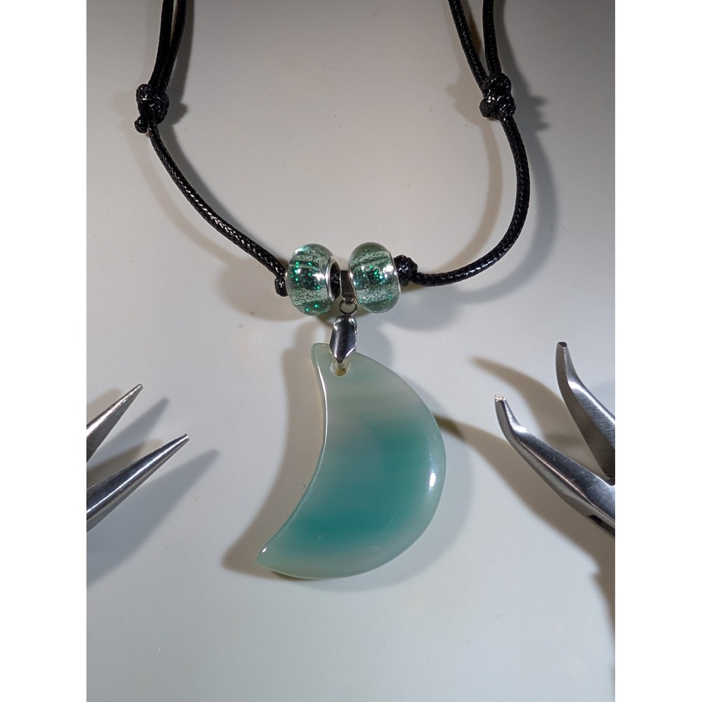 Green Agate Crescent Moon Pendant Adjustable Black Cord Necklace Celestial